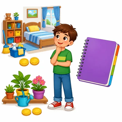 A child earns coins for cleaning a room and watering plants, with a notebook nearby.