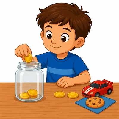 A child splits five coins between a savings jar and spending.