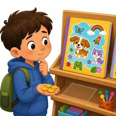 A child holds coins while looking at a sticker book.
