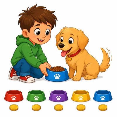 A child feeds a dog with five coins shown for five days.