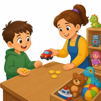 A child buys a small toy with coins separated on a table.