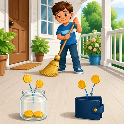 Four coins are split equally between a savings jar and a wallet.
