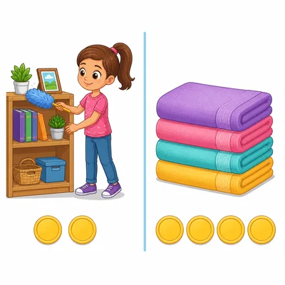 Dusting is shown with two coins and folded towels with four coins.
