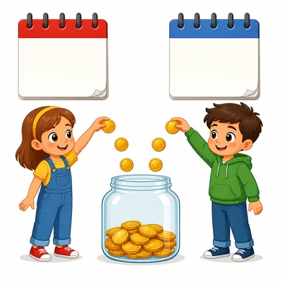 Two weeks of saving are shown with three coins for each week.