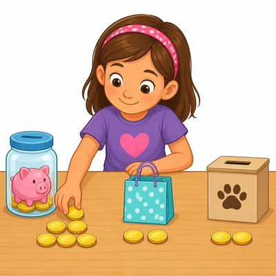 Ten coins are divided into saving, spending, and animal shelter giving.