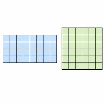 An 8 by 4 rectangle and a 6 by 6 square shown side by side for area comparison.