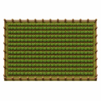 A rectangular farm field enclosed by a fence around the perimeter.