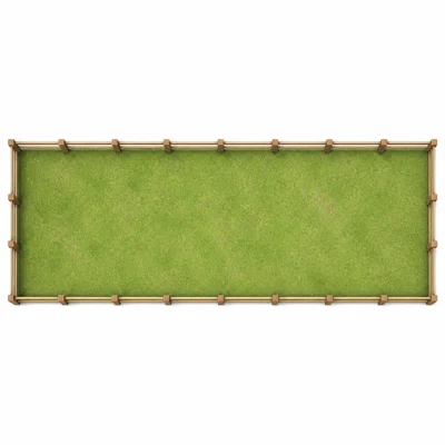 A long rectangular dog run with a fence around its perimeter.