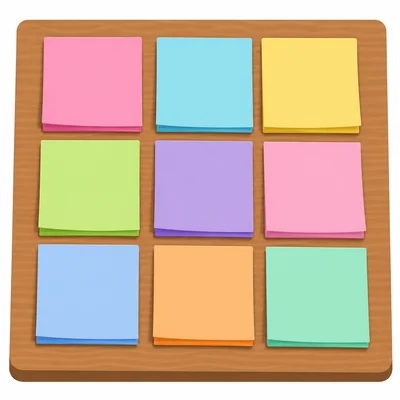 A tabletop covered with 3 rows of 3 square sticky notes.