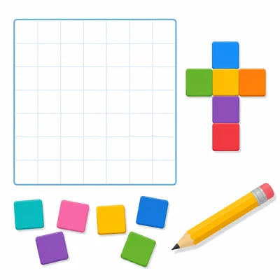 Grid paper with a pencil and square tiles for making a shape with area 8 square units.