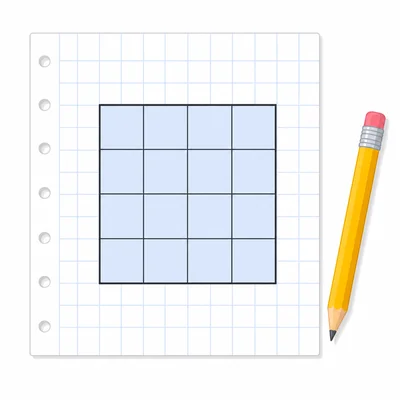 A shaded square on grid paper with 4 small squares along each side.