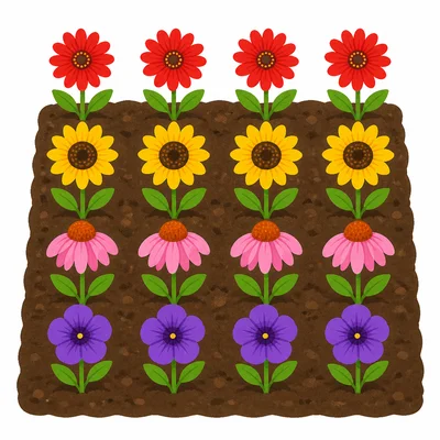 Four rows of four flowers in a garden bed.