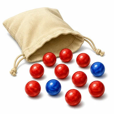 A bag with eight red marbles and two blue marbles.