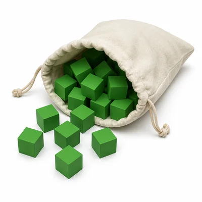 A bag containing only green cubes.