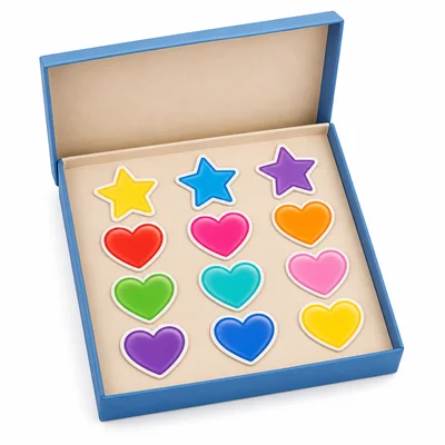 A box with three star stickers and nine heart stickers.