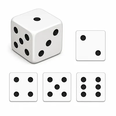 A regular number cube shown with dot pips.