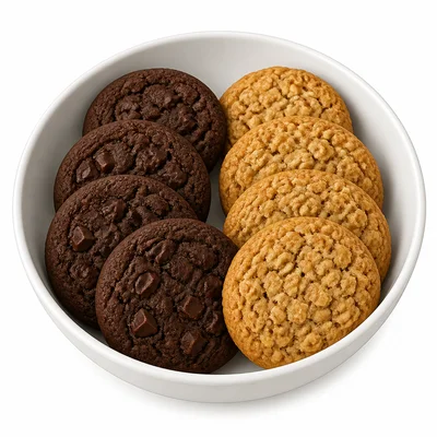 A bowl with four chocolate cookies and four oatmeal cookies.