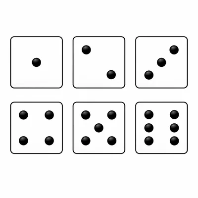 Six possible die faces for a standard number cube.