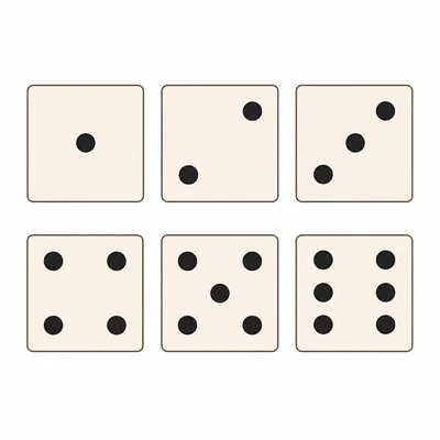 Six dice faces showing one through six pips.