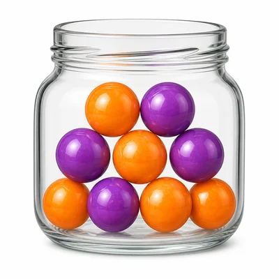 A jar with five orange candies and five purple candies.