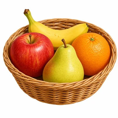 A basket with one apple, one banana, one orange, and one pear.