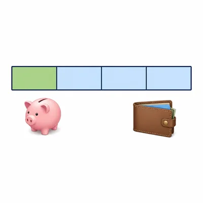 A money bar split into four equal parts, with one part shown as savings and three parts as spending money.