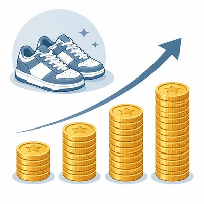 Four growing coin stacks show weekly savings toward a pair of shoes.