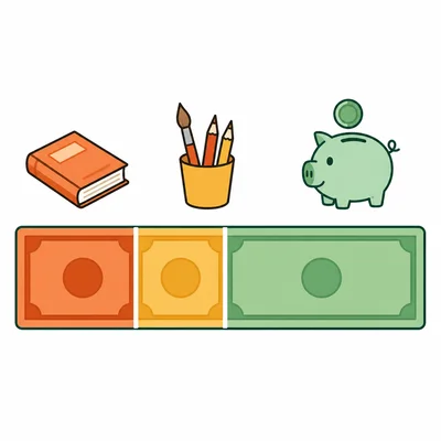 A money bar shows spending on a book and art supplies, with the remaining portion saved.