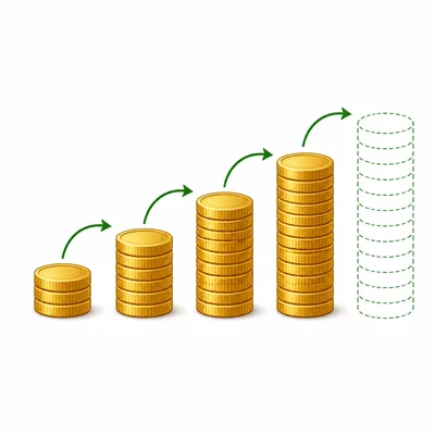 Coin stacks increase evenly over time, with an outline showing the next month.