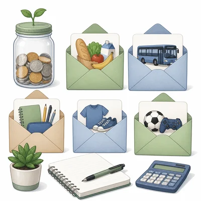 Several budget envelopes show savings and spending categories.