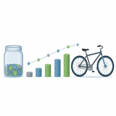 A savings jar and coin stacks leading toward a bicycle goal.