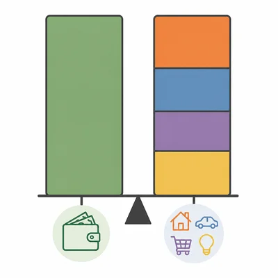 Two bars compare total income with stacked budget expenses.