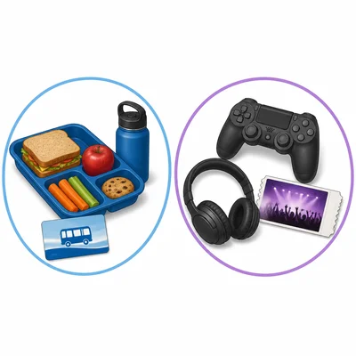 School necessities are grouped separately from entertainment items.