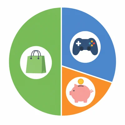 A circle chart shows money divided into needs, wants, and savings.