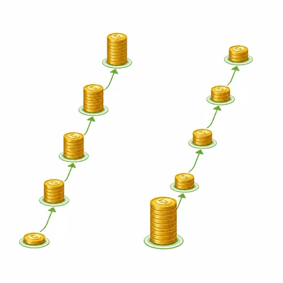 Two side-by-side coin stack patterns compare different savings plans.