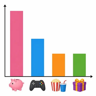 A four-bar graph comparing savings, games, snacks, and gifts, with the savings bar tallest.