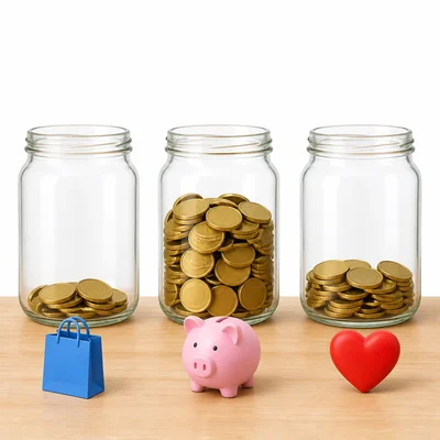 Three money jars with coins, shown with icons for spending, saving, and sharing.