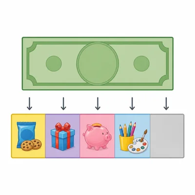 A budget model showing money divided among snacks, a gift, savings, art supplies, and a small unplanned amount.