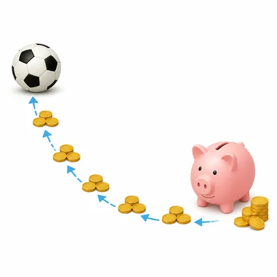A soccer ball, a piggy bank, and groups of coins showing a saving-over-time plan.
