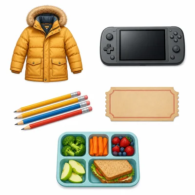 A winter coat, video game device, pencils, movie ticket, and lunch tray.