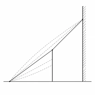 A ladder reaches from the ground over a fence to a vertical wall.