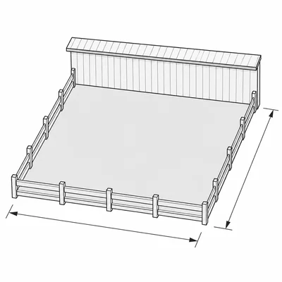 A rectangular garden against a barn, fenced on three sides.