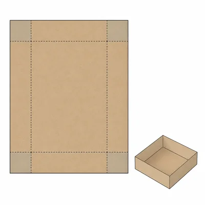 A cardboard rectangle with corner squares cut out and a small open box formed from it.