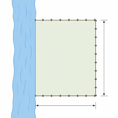 A rectangular pen beside a river, fenced on only three sides.