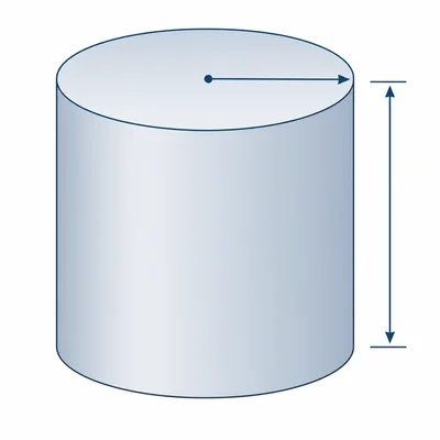 A closed cylinder with radius and height arrows and shaded surface.