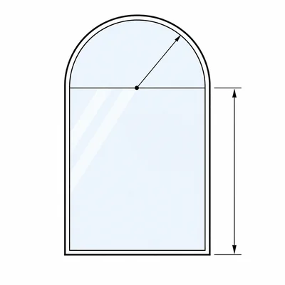 A rectangular window topped by a semicircle with radius and height indicated.