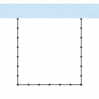 A rectangular pen beside a river, fenced on only three sides.