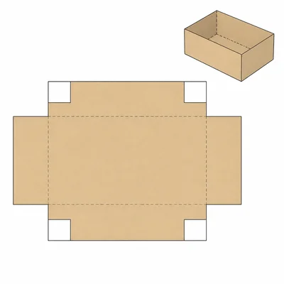 A cardboard rectangle with equal corner squares removed and flaps that fold into an open box.