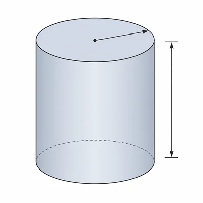 A closed cylinder with arrows indicating height and radius.