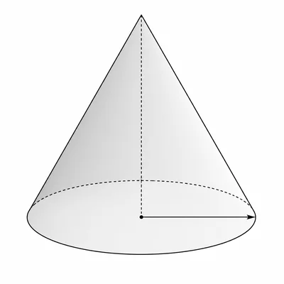 A right circular cone showing its height, slant edge, and base radius.